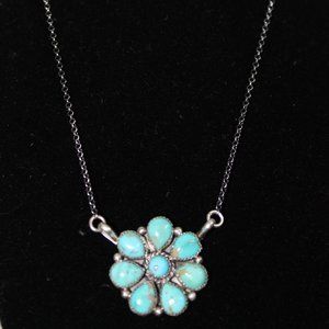Artist Signed Native American Navajo Sterling Silver Kingman Turquoise Necklace